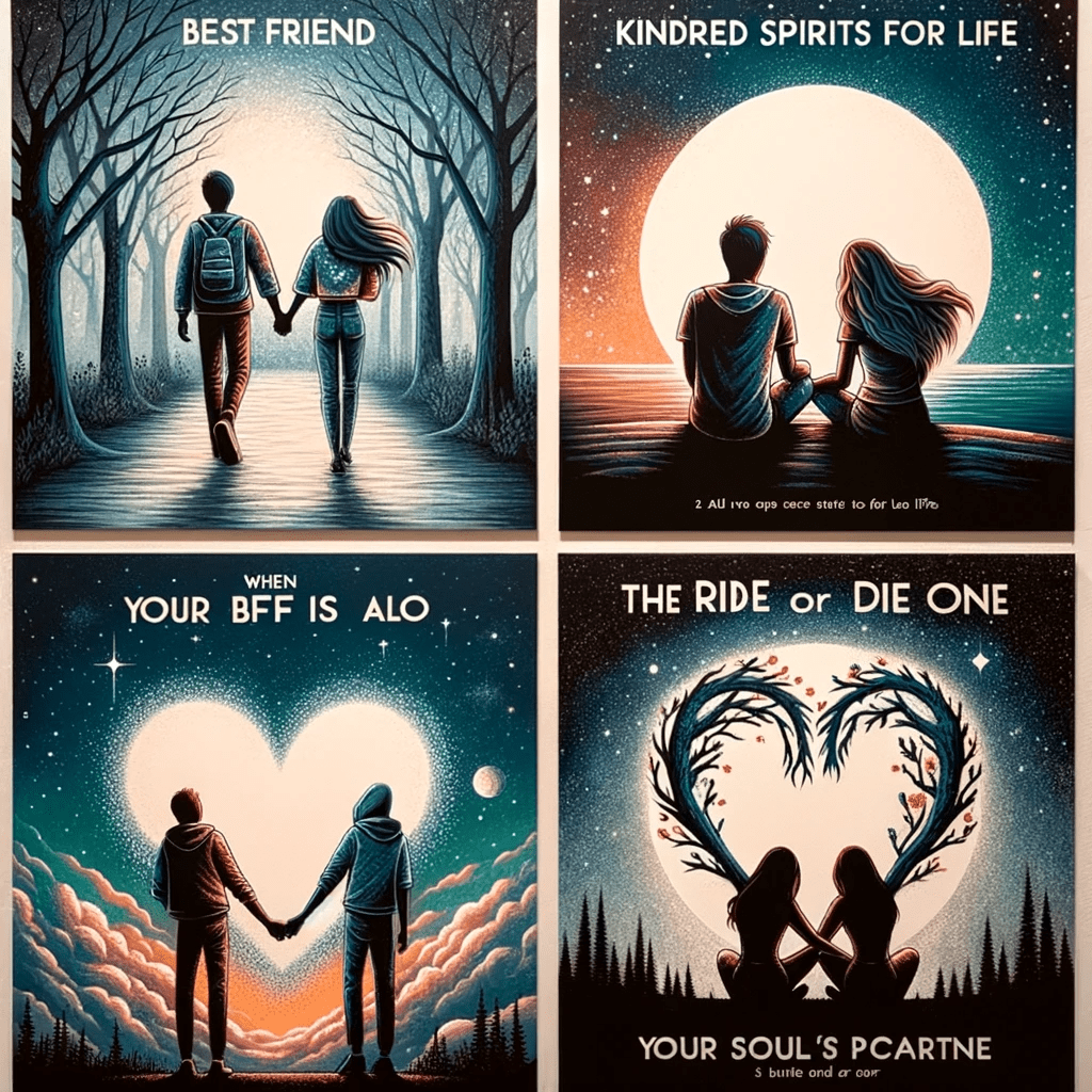 artwork depicting four different scenes symbolizing deep friendship. 1) Two best friends walking together under the title 'Kindred Spirits for Life