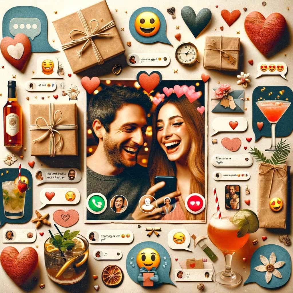 collage representing a romantic and connected relationship through texting. The collage features a smiling couple during a FaceTime call, emojis