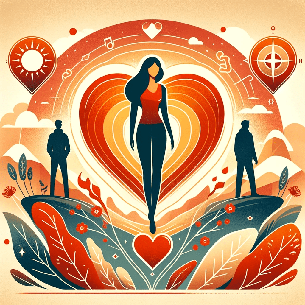 conceptual illustration representing the theme of 'How to Make a Guy Want to be With You'. The image should symbolize self-confidence, warmth, adven