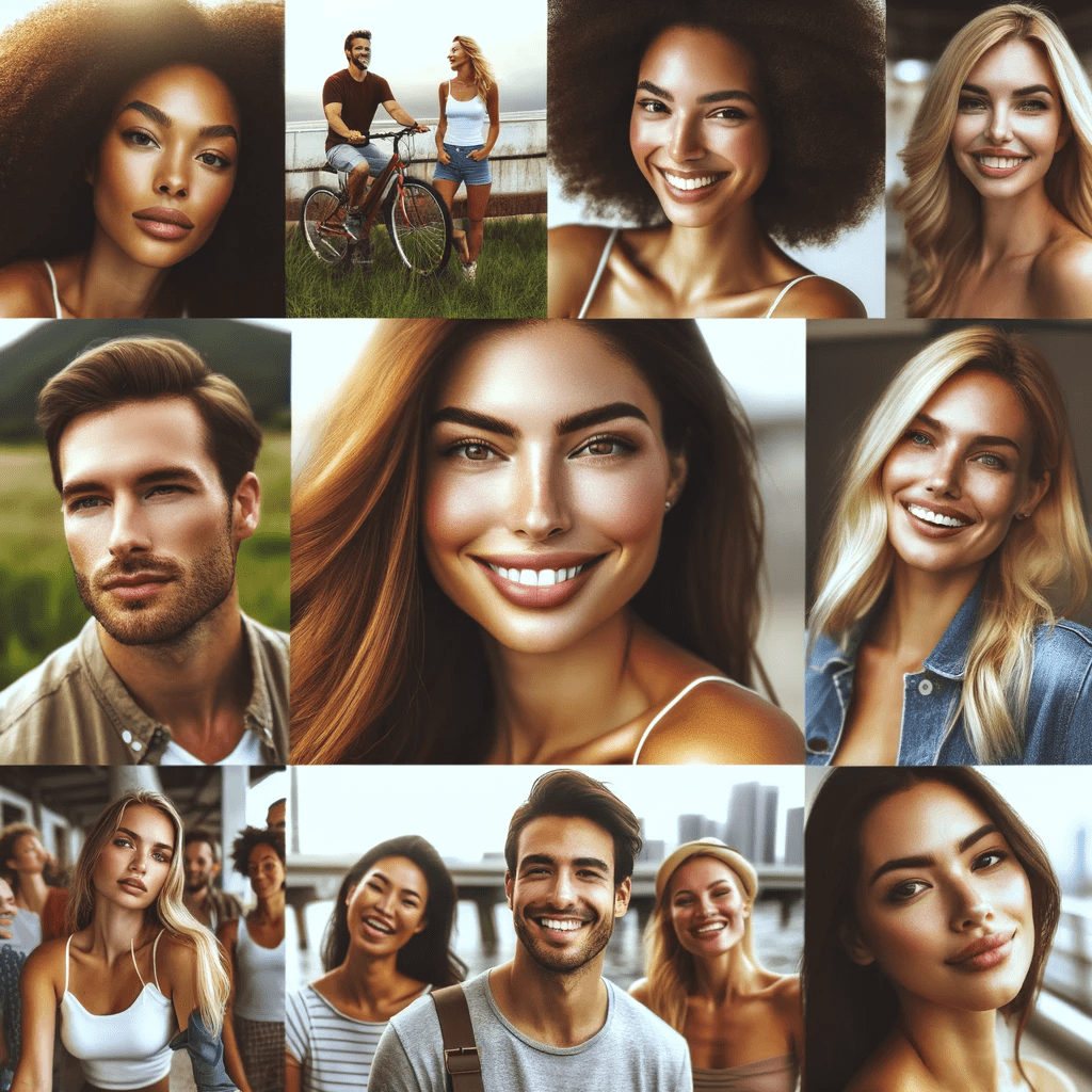 diverse group of beautiful, confident women and men in various settings, showcasing traits such as self-confidence, warmth, adventurousness, and app