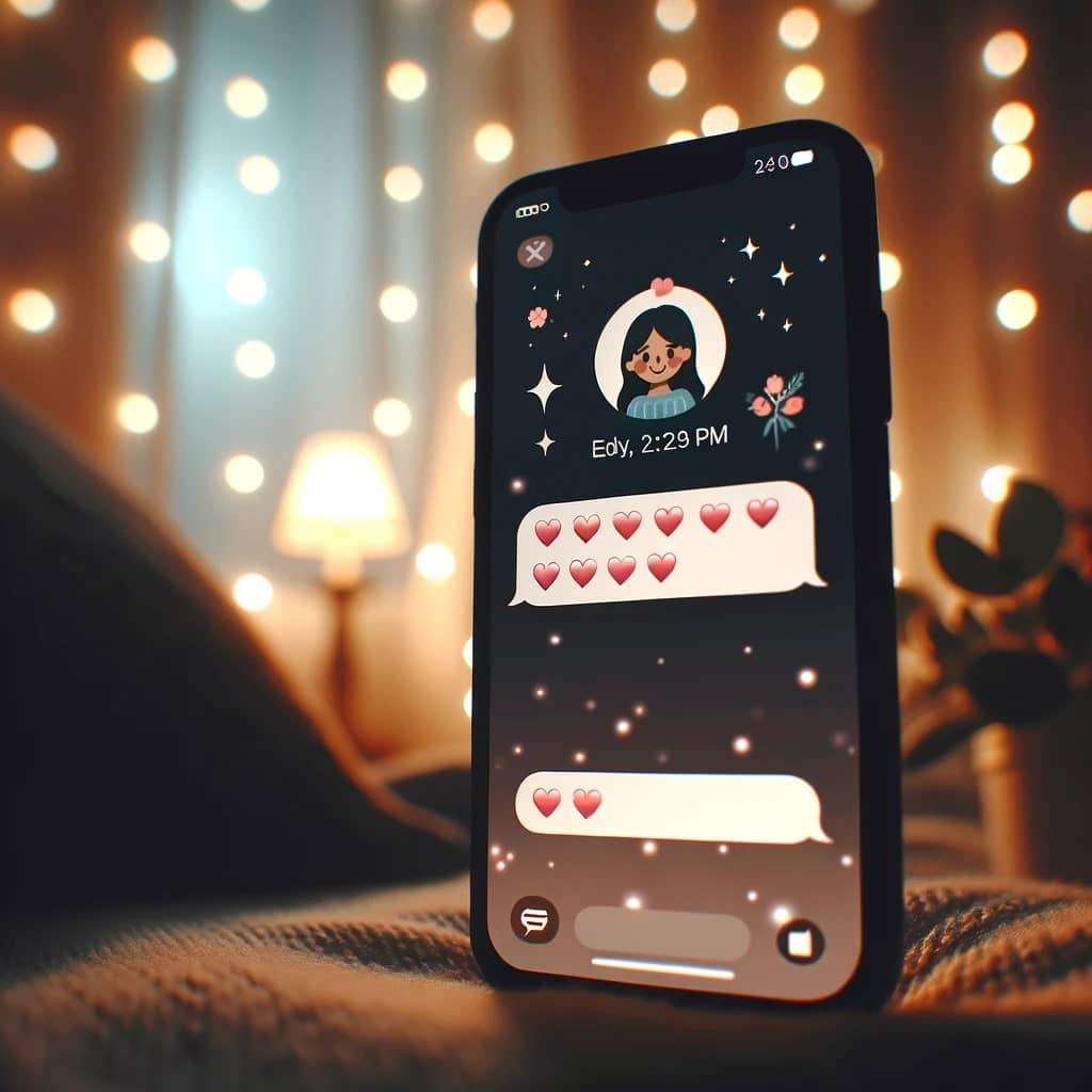 martphone screen displaying flirty text messages from a woman. The background is a cozy, romantic setting with soft lighting, perhaps a dimly lit