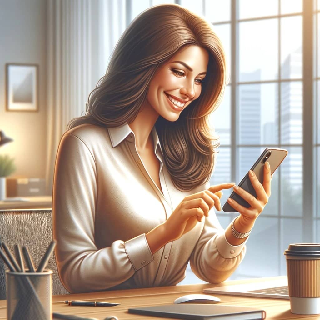 realistic illustration of a woman sitting at a desk, smiling as she looks at her phone. She's in a modern office setting, with a coffee cup