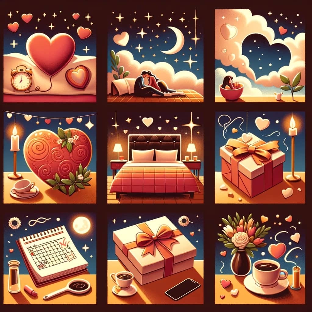romantic and playful scene depicting various elements from a flirty text conversation. The scene includes a heart-shaped pillow with a scent, a bed