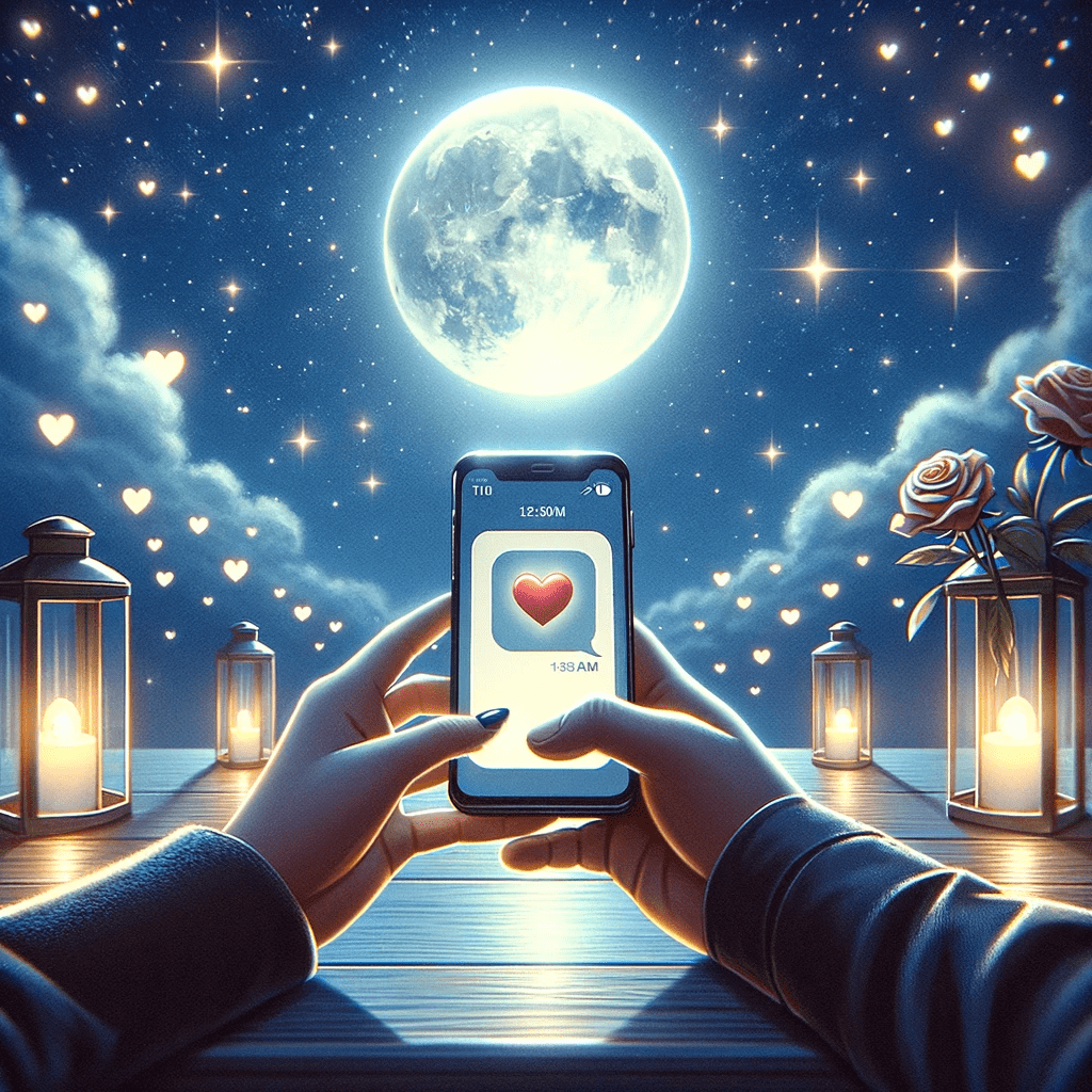 scene depicting a romantic moment between two people over text messages. The background shows a starry night with a full moon, symbolizing a romanti