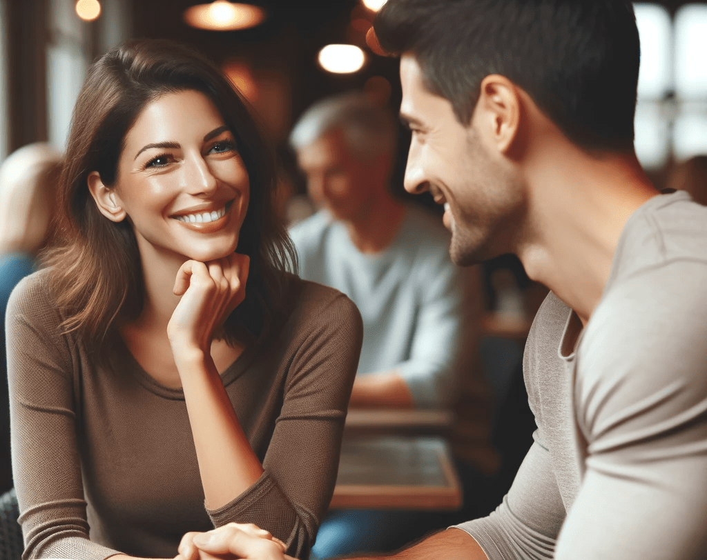 woman and a man sitting at a cafe table, engaged in a pleasant conversation. The woman is smiling warmly and maintaining eye contact, showing genuin